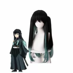 Cosplay Clans Anime Demon Slayer Tokitou Muichirou Long Straight Green Mixed Black Cosplay Wigs