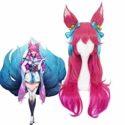 Cosplay Clans Game LOL Spirit Blossom Skin Ahri 80cm Long Red Gradient Purple Wavy Cosplay Wigs With Headwear